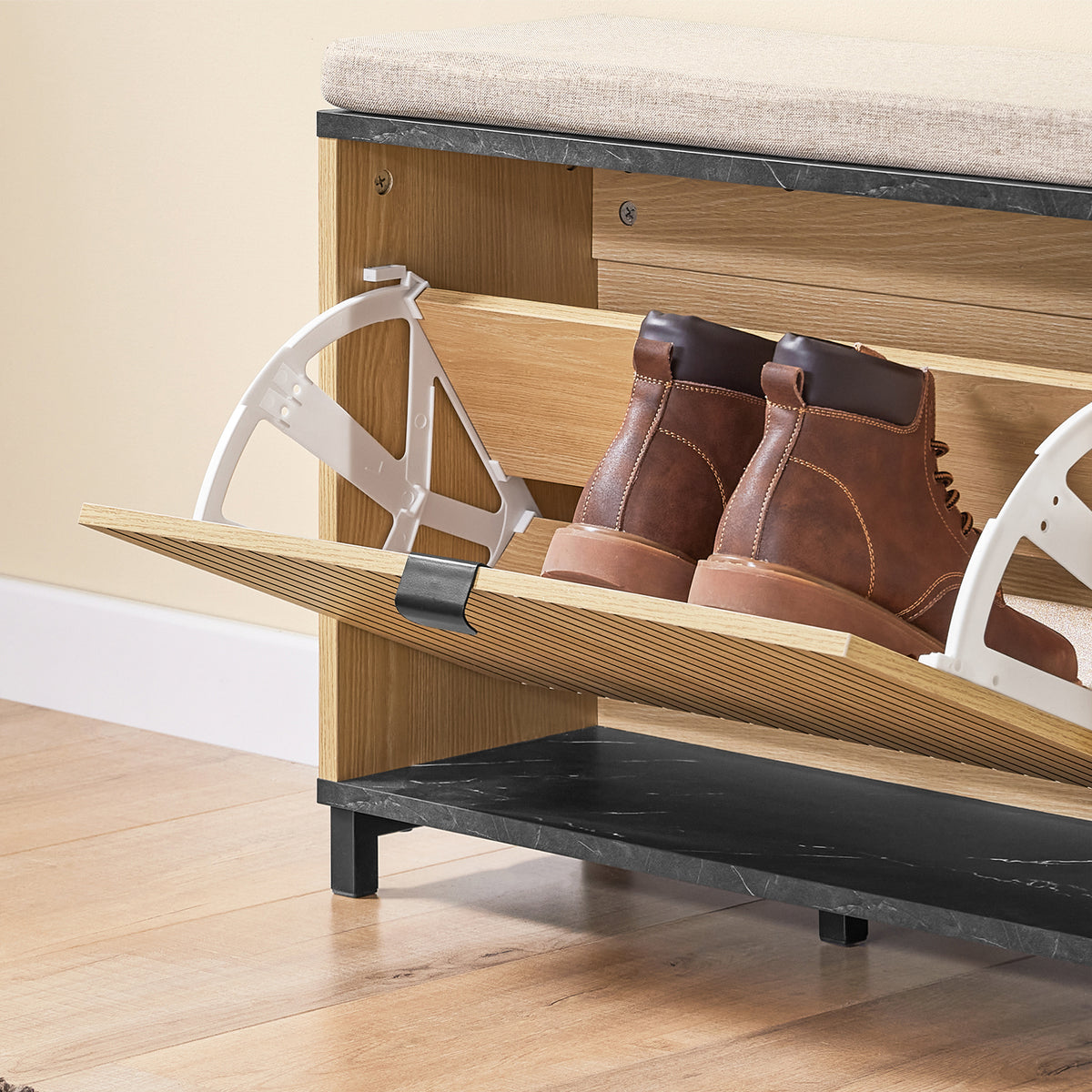 SoBuy FSR201-N Banc pentru Pantofi cu Șezut Căptușit și Rabatabil, Slim 24cm pentru Intrare – 60x24x50 cm, Negru și Natur