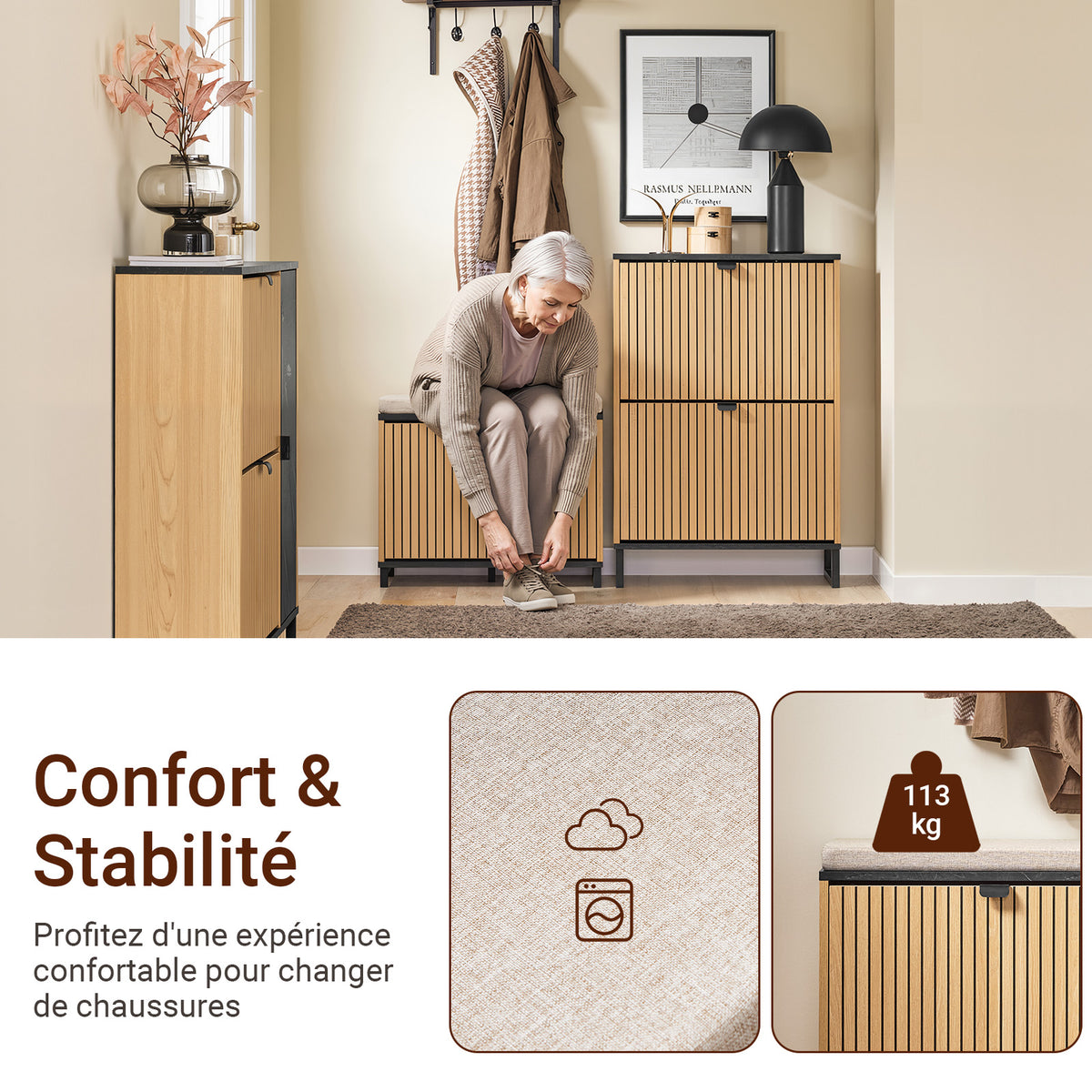 SoBuy FSR201-N Banc pentru Pantofi cu Șezut Căptușit și Rabatabil, Slim 24cm pentru Intrare – 60x24x50 cm, Negru și Natur