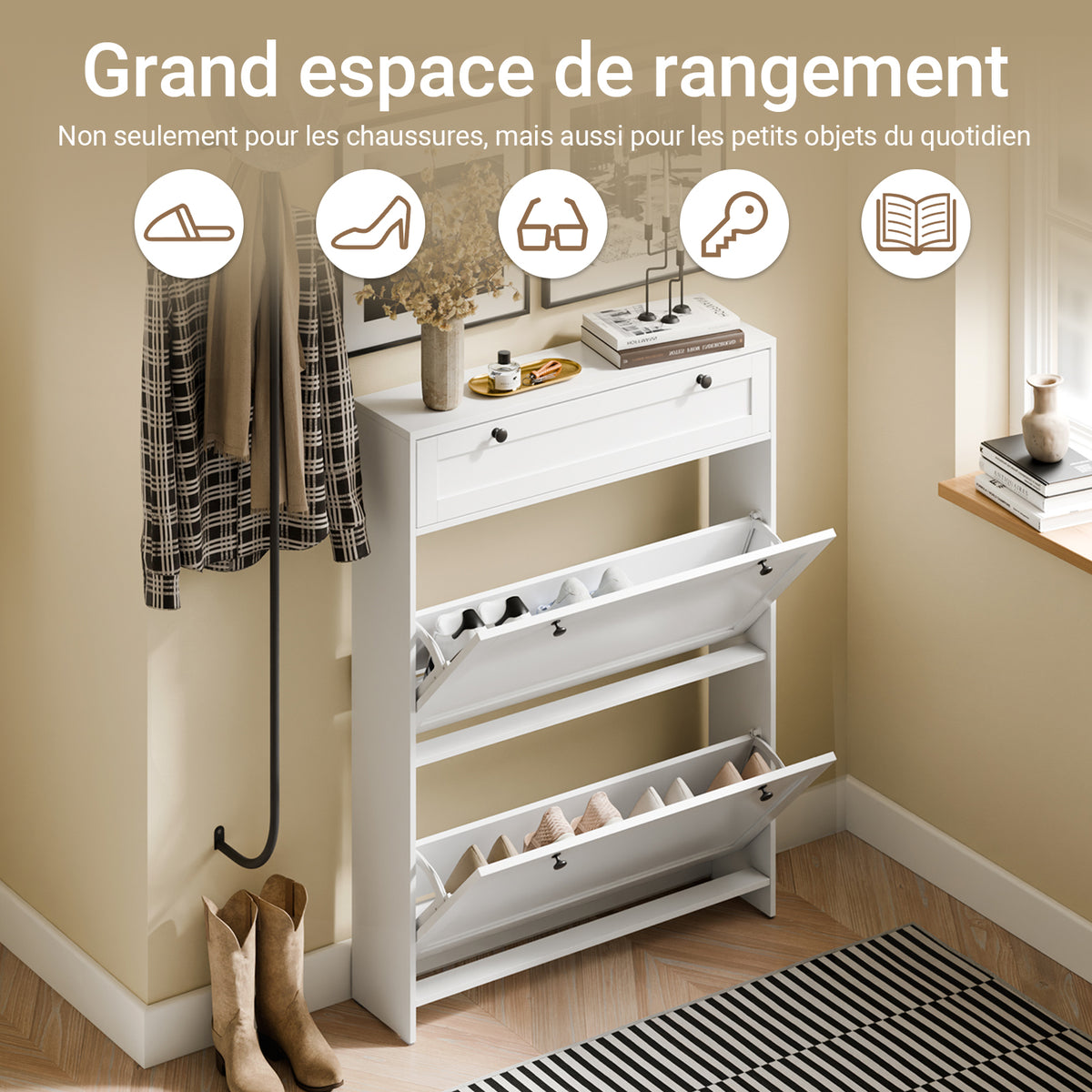 SoBuy FSR207-W Dulap de pantofi ultra-subțire, salveză spațiu, 19 cm – Intrare îngustă – 80x19x107 cm Alb