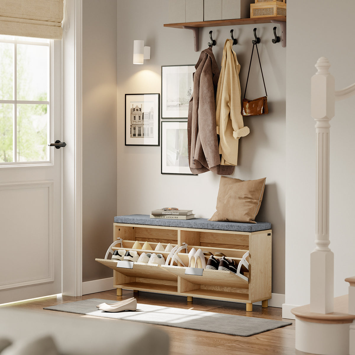 SoBuy FSR211-N Banc pentru Pantofi cu Șezut Căptușit din In, 3 Compartimente Rabataile Slim 24cm, 8 Perechi Mărimea 47, Capacitate de Încărcare 237 kg pentru Hol – 100x24x50 cm, Natural