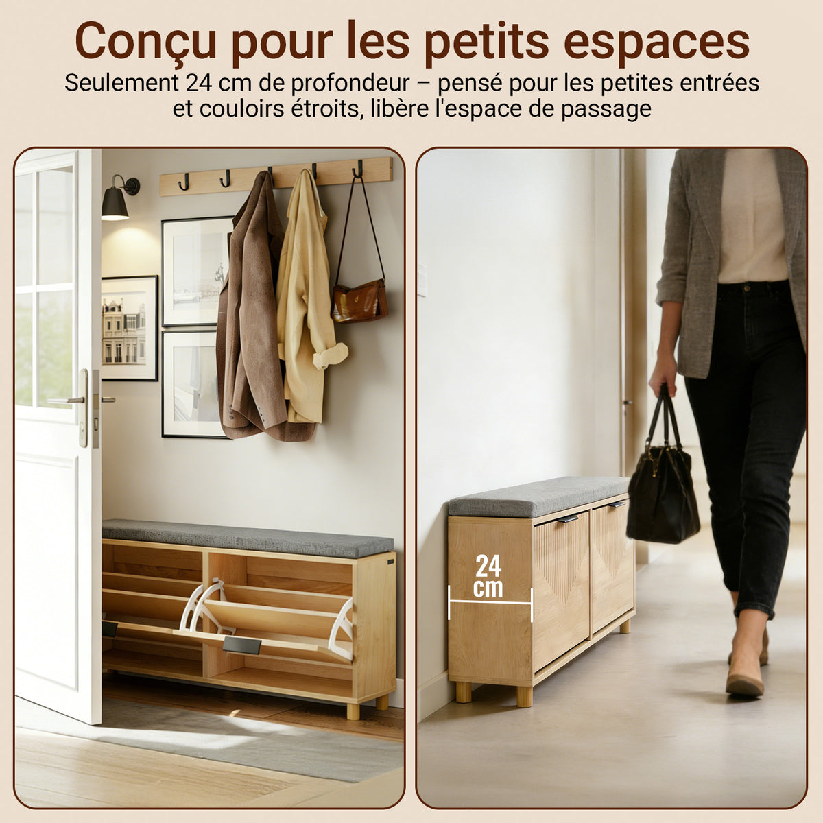SoBuy FSR211-N Banc pentru Pantofi cu Șezut Căptușit din In, 3 Compartimente Rabataile Slim 24cm, 8 Perechi Mărimea 47, Capacitate de Încărcare 237 kg pentru Hol – 100x24x50 cm, Natural