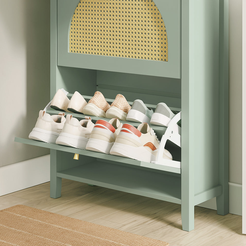 SoBuy FSR223-GR Armoire à Chaussures Cannage 2 Abattants et 1 Tiroir – 12 Paires, Meuble d'Entrée – 62×25×97 cm, Vert