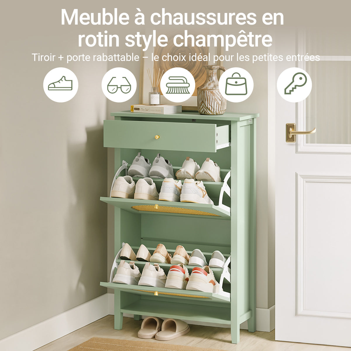 SoBuy FSR223-GR Armoire à Chaussures Cannage 2 Abattants et 1 Tiroir – 12 Paires, Meuble d'Entrée – 62×25×97 cm, Vert