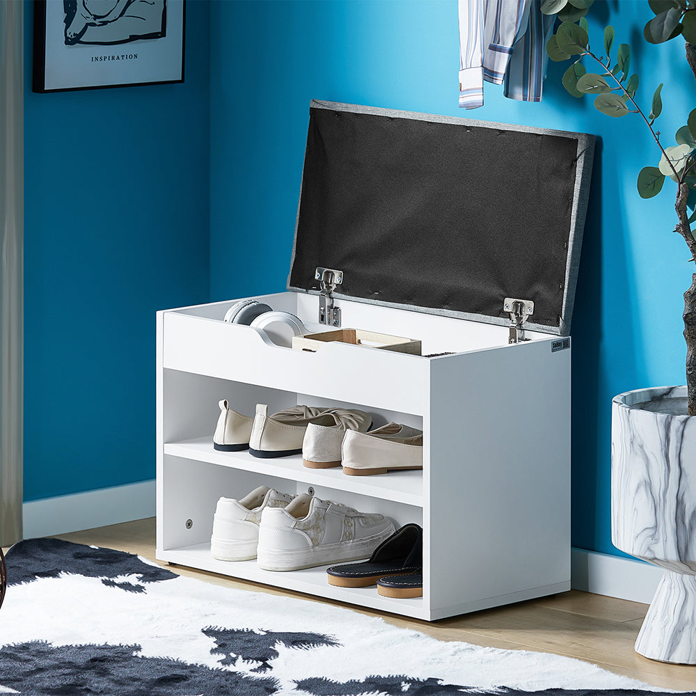 SoBuy FSR25-HG Banc à Chaussures 2 Étages avec Coussin Gris Rembourré pour Entrée Couloir – 60x30x44 cm, Blanc