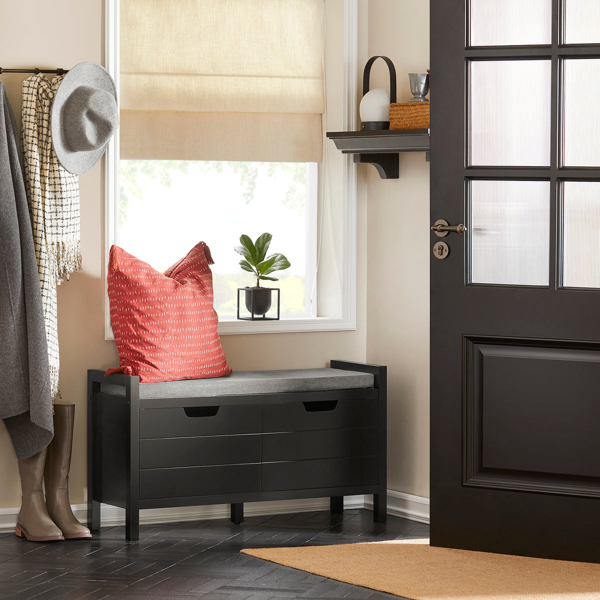 SoBuy FSR63-II-SCH Banc pentru pantofi cu pernă căptușită și 2 uși, Mobilier pentru hol – 91x30x50 cm, Negru