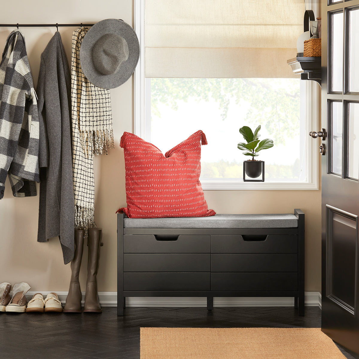 SoBuy FSR63-II-SCH Banc pentru pantofi cu pernă căptușită și 2 uși, Mobilier pentru hol – 91x30x50 cm, Negru