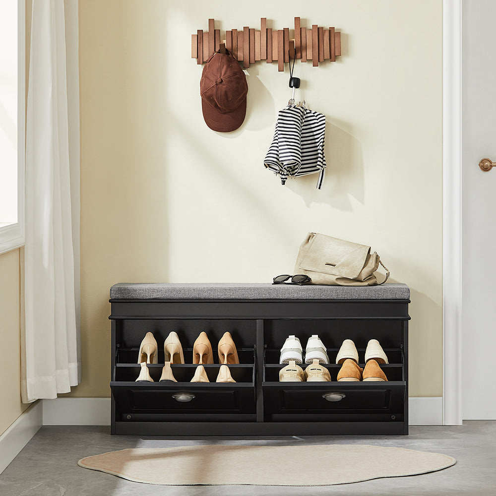 SoBuy FSR64-SCH Banc pentru pantofi cu 2 compartimente rabatabile și pernă căptușită, Cutie de depozitare pentru intrare – 104x24x51 cm, Negru