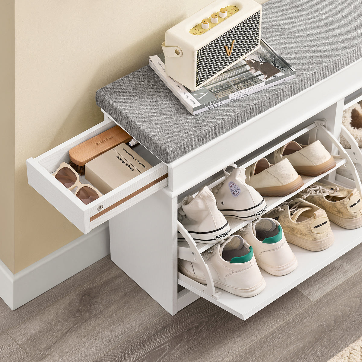 SoBuy FSR64-WG + FSR94-WG Lot Banc à Chaussures + Meuble Slim 20 Paires – Entrée Complète 24 cm – Effet Bois Blanc