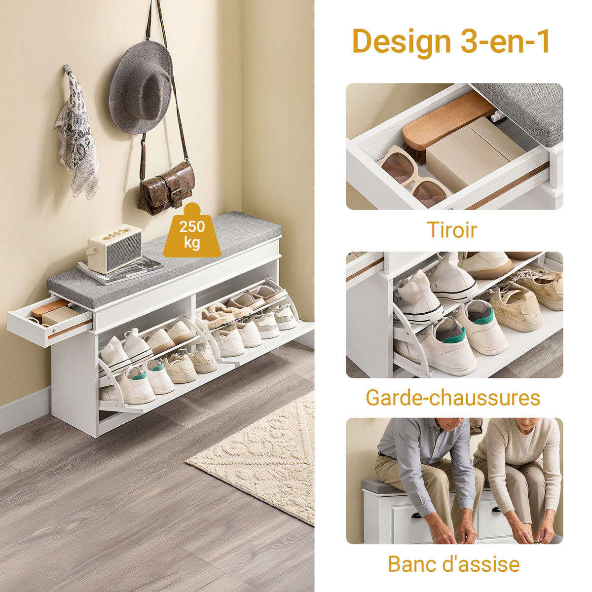SoBuy FSR64-WG + FSR94-WG Lot Banc à Chaussures + Meuble Slim 20 Paires – Entrée Complète 24 cm – Effet Bois Blanc