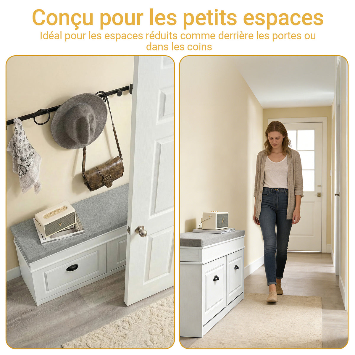 SoBuy FSR64-WG + FSR94-WG Lot Banc à Chaussures + Meuble Slim 20 Paires – Entrée Complète 24 cm – Effet Bois Blanc