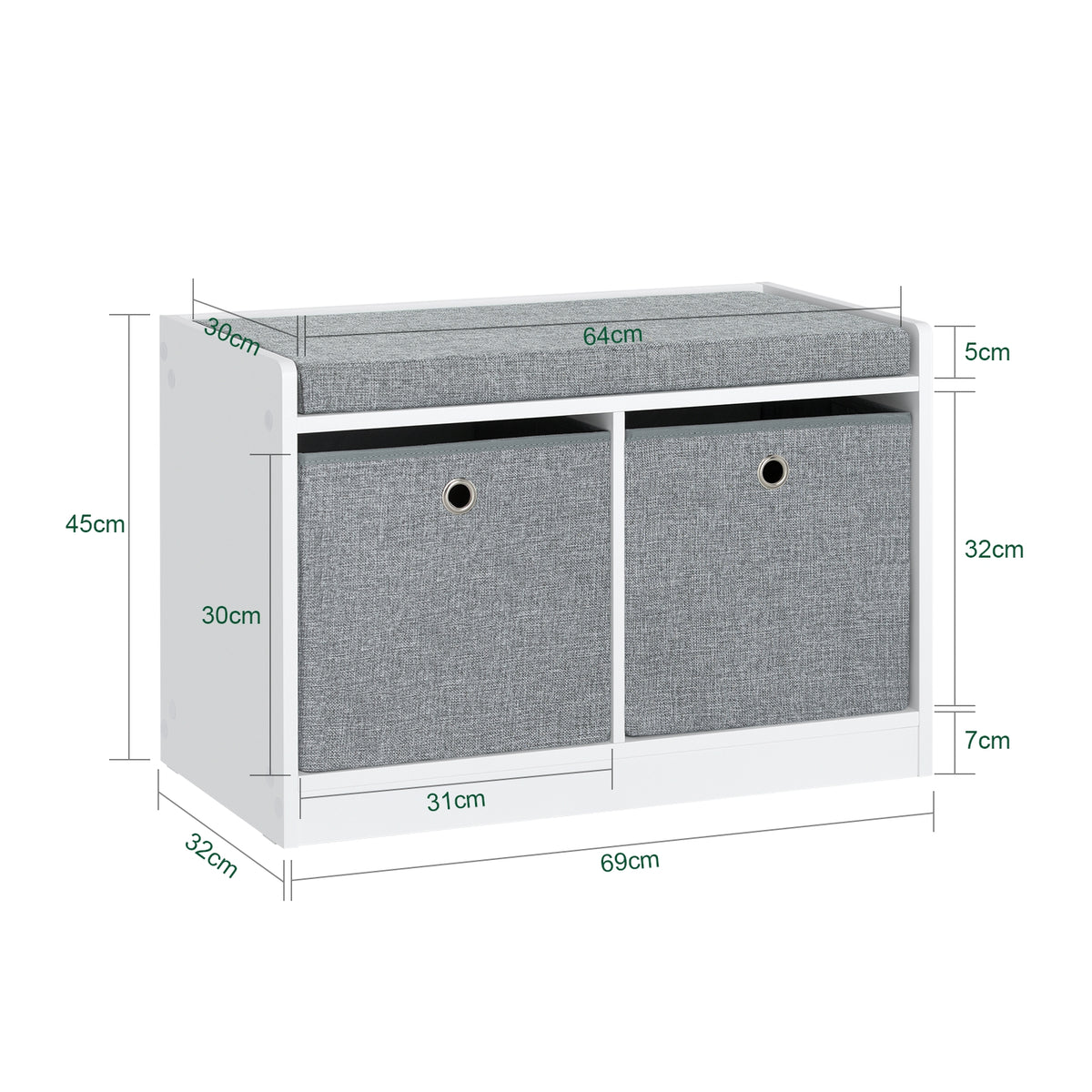SoBuy FSR65-K-DG Banc pentru Pantofi cu Pernă Căptușită și 2 Coșuri de Depozitare pentru Intrare – 68x32x45 cm, Gri Închis