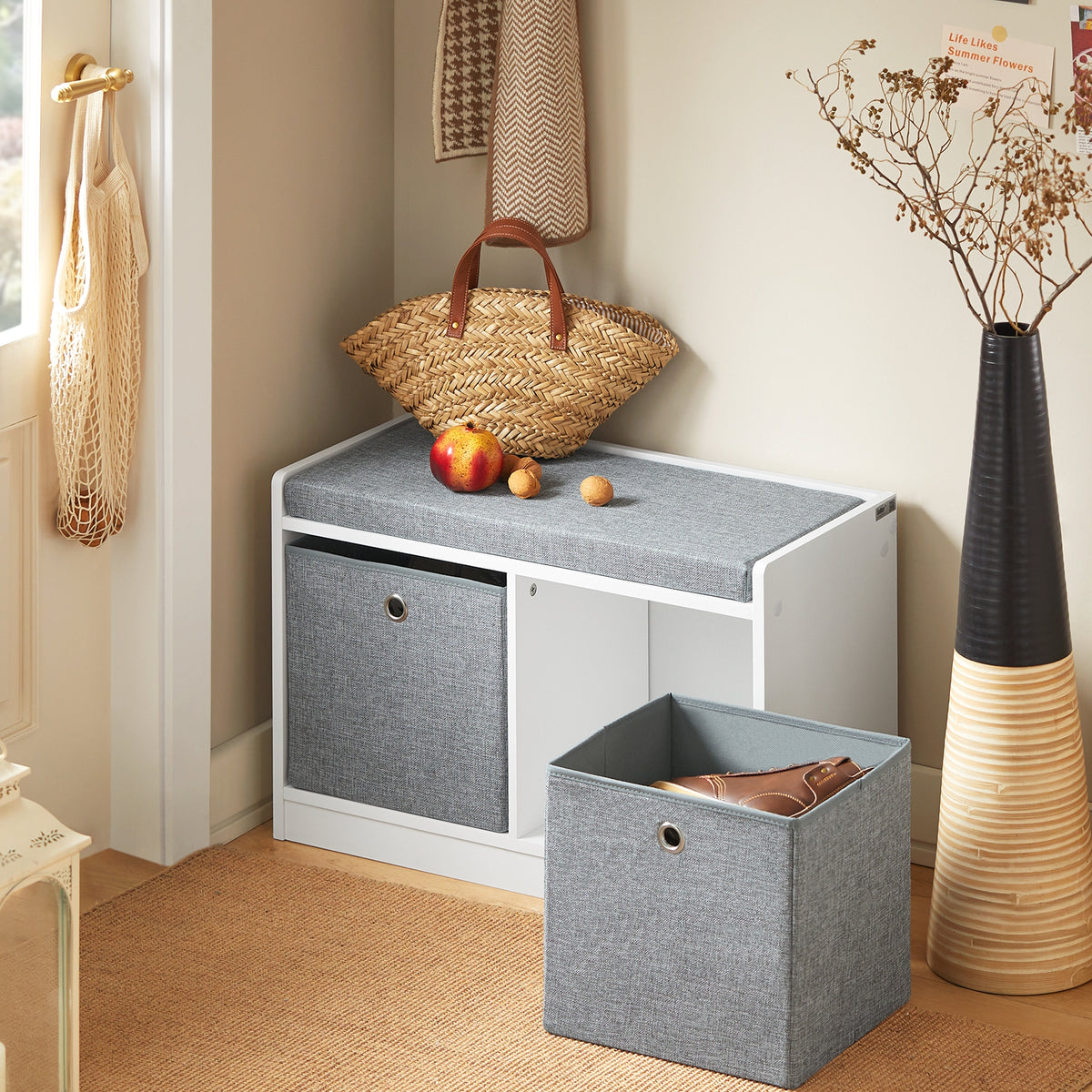 SoBuy FSR65-K-DG Banc pentru Pantofi cu Pernă Căptușită și 2 Coșuri de Depozitare pentru Intrare – 68x32x45 cm, Gri Închis