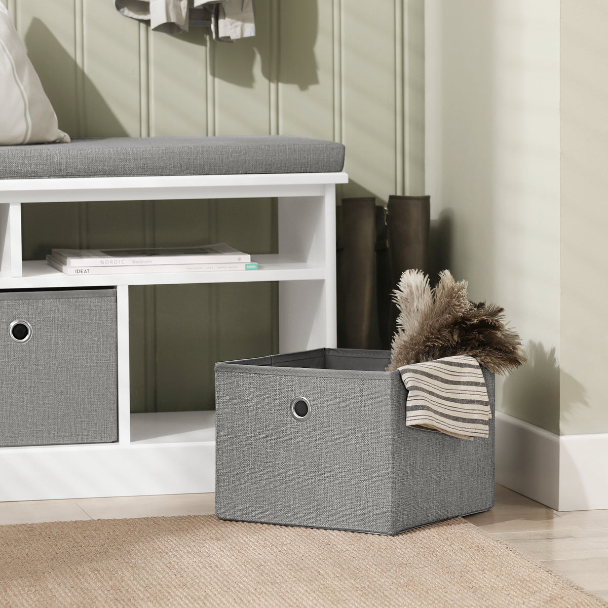 SoBuy FSR67-HG Banc pentru Pantofi cu Pernă Căptușită, 2 Compartimente și 3 Coșuri pentru Hol – 96x35x50 cm, Gri