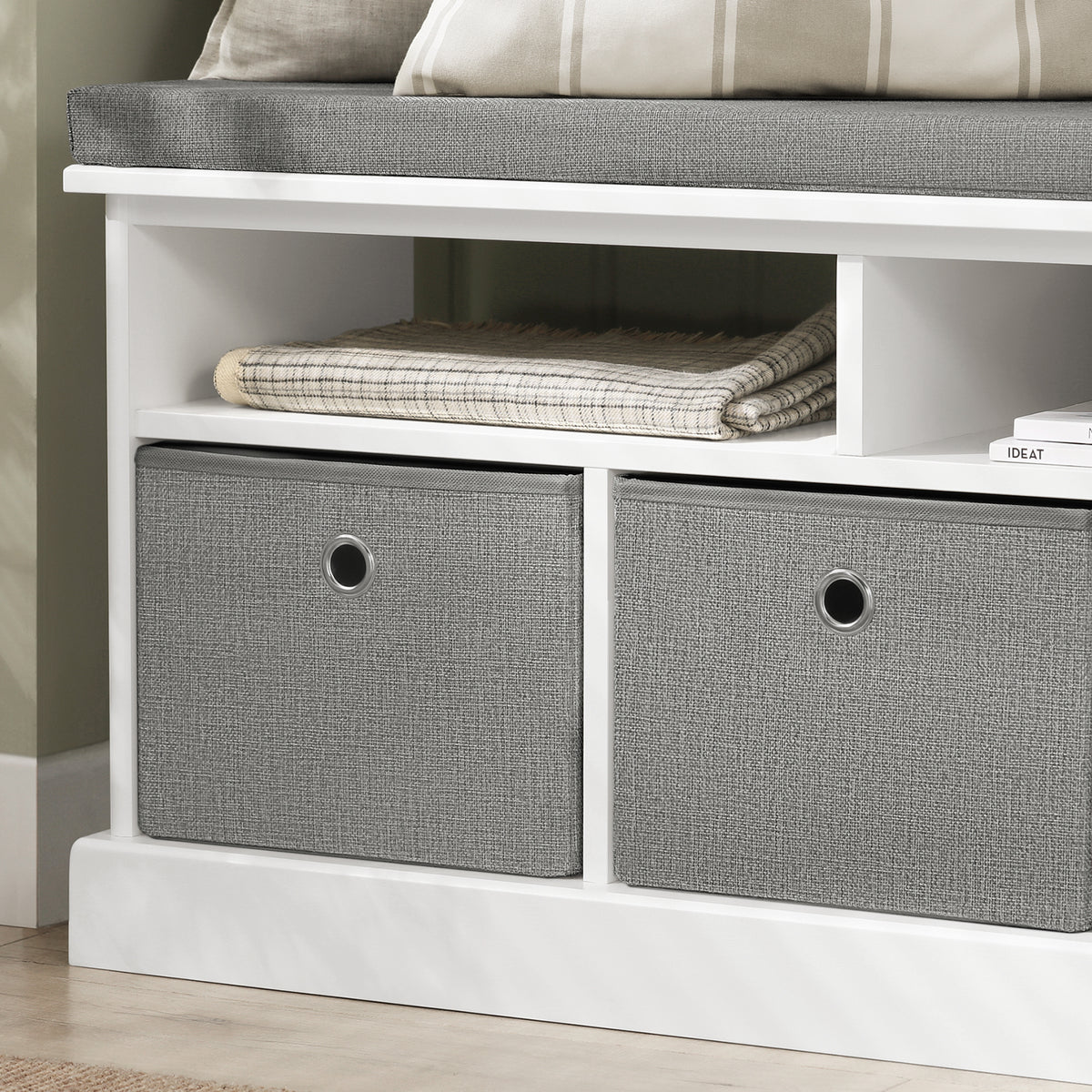 SoBuy FSR67-HG Banc pentru Pantofi cu Pernă Căptușită, 2 Compartimente și 3 Coșuri pentru Hol – 96x35x50 cm, Gri