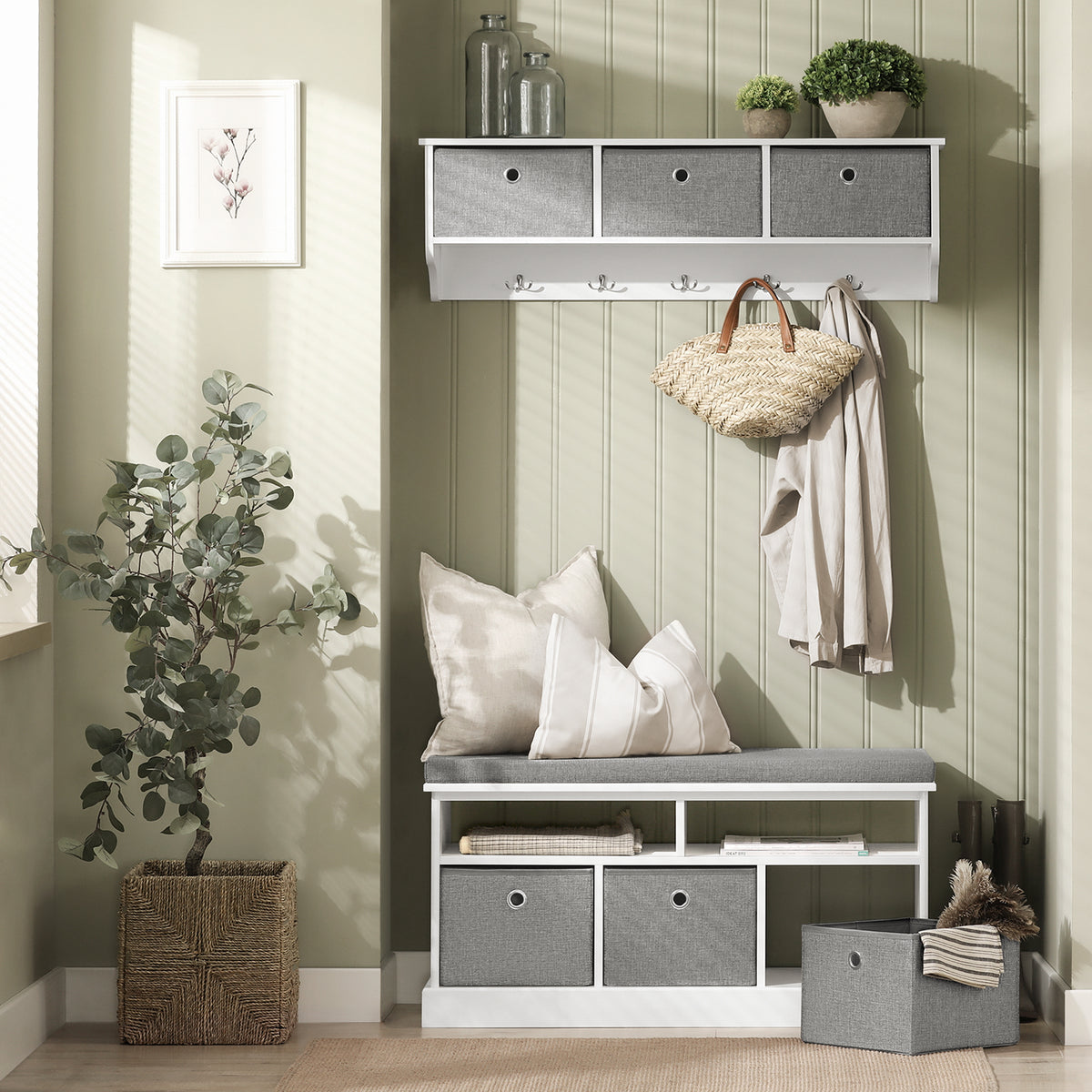 SoBuy FSR67-HG Banc pentru Pantofi cu Pernă Căptușită, 2 Compartimente și 3 Coșuri pentru Hol – 96x35x50 cm, Gri