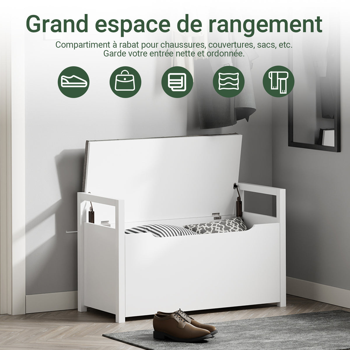 SoBuy FSR76-W Banc pentru Pantofi cu Pernă Căptușită și Spațiu de Depozitare pentru Intrare Hol – 86x38x54 cm, Alb