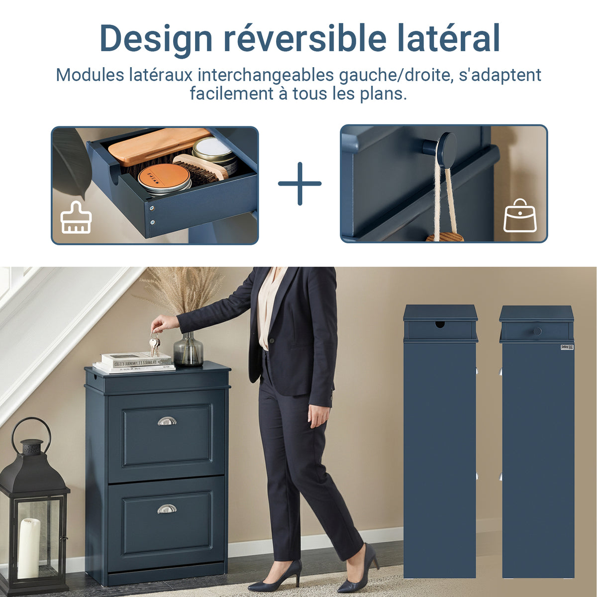 SoBuy FSR78-B Dulap de Pantofi cu 2 Uși Batante, Organizator 8 Perechi pentru Hol – 54x24x83 cm, Albastru