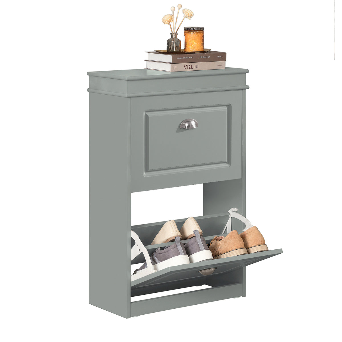 SoBuy FSR78-HG Armoire à Chaussures 2 Abattants Slim 24cm – 8 Paires, Dos Aéré, FSC®, Gris, 54x24x83 cm