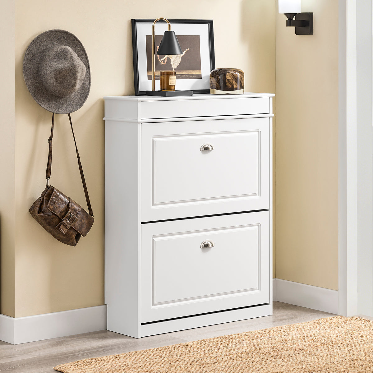 SoBuy FSR78-L-W Dulap de pantofi cu 2 uși rabatabile, depozitare 12 perechi, îngust 24cm pentru hol intrare – 75x24x96 cm, Alb