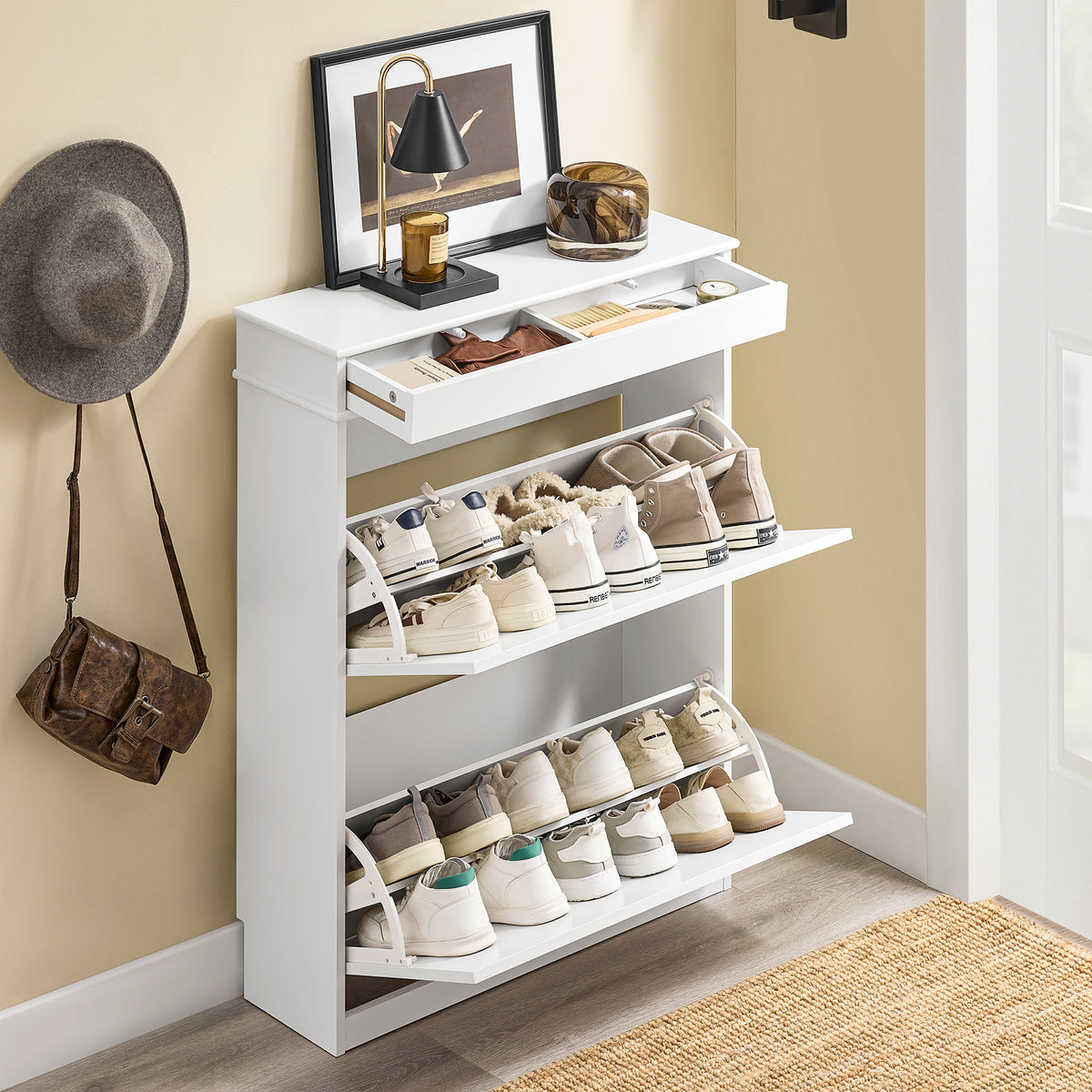 SoBuy FSR78-L-W Dulap de pantofi cu 2 uși rabatabile, depozitare 12 perechi, îngust 24cm pentru hol intrare – 75x24x96 cm, Alb