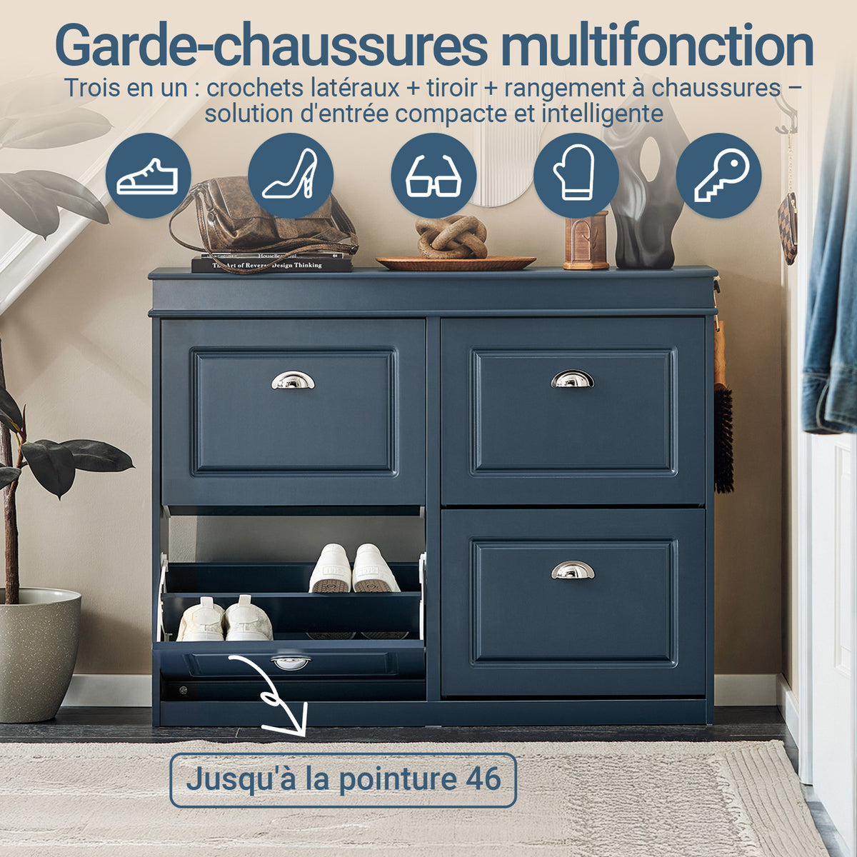 SoBuy FSR79-B Dulap de Pantofi Albastru Subțire 24 cm – 16 Perechi, Sertar, Cârlig, FSC®