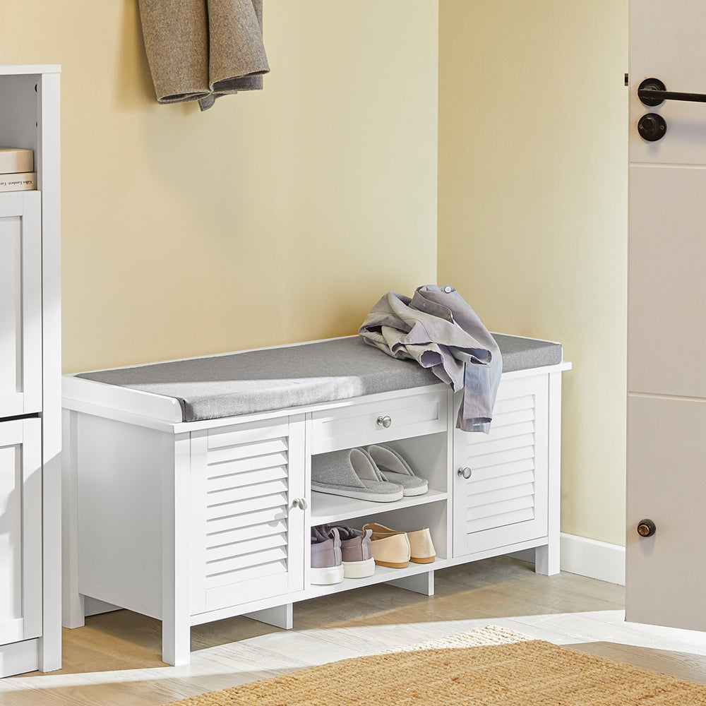 SoBuy FSR83-W Banc pentru Pantofi cu Pernă Căptușită și Spațiu de Depozitare pentru Hol Intrare – 110x35x50 cm, Alb