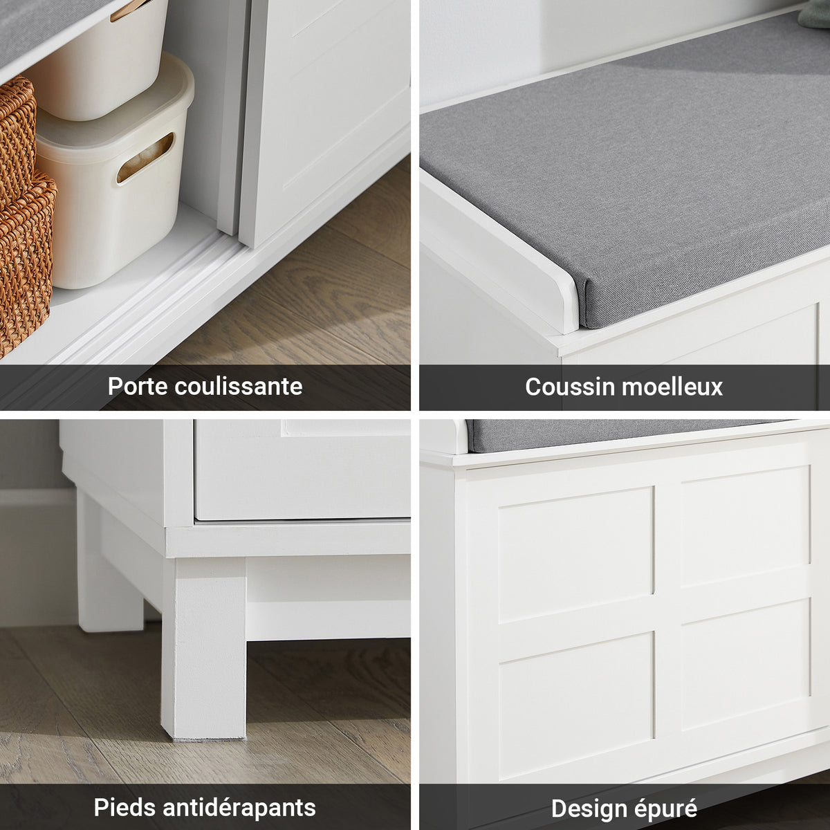 SoBuy FSR86-W Banc à Chaussures avec Coussin Rembourré et 2 Portes, Grande Capacité pour Entrée – 114x40x53 cm, Blanc
