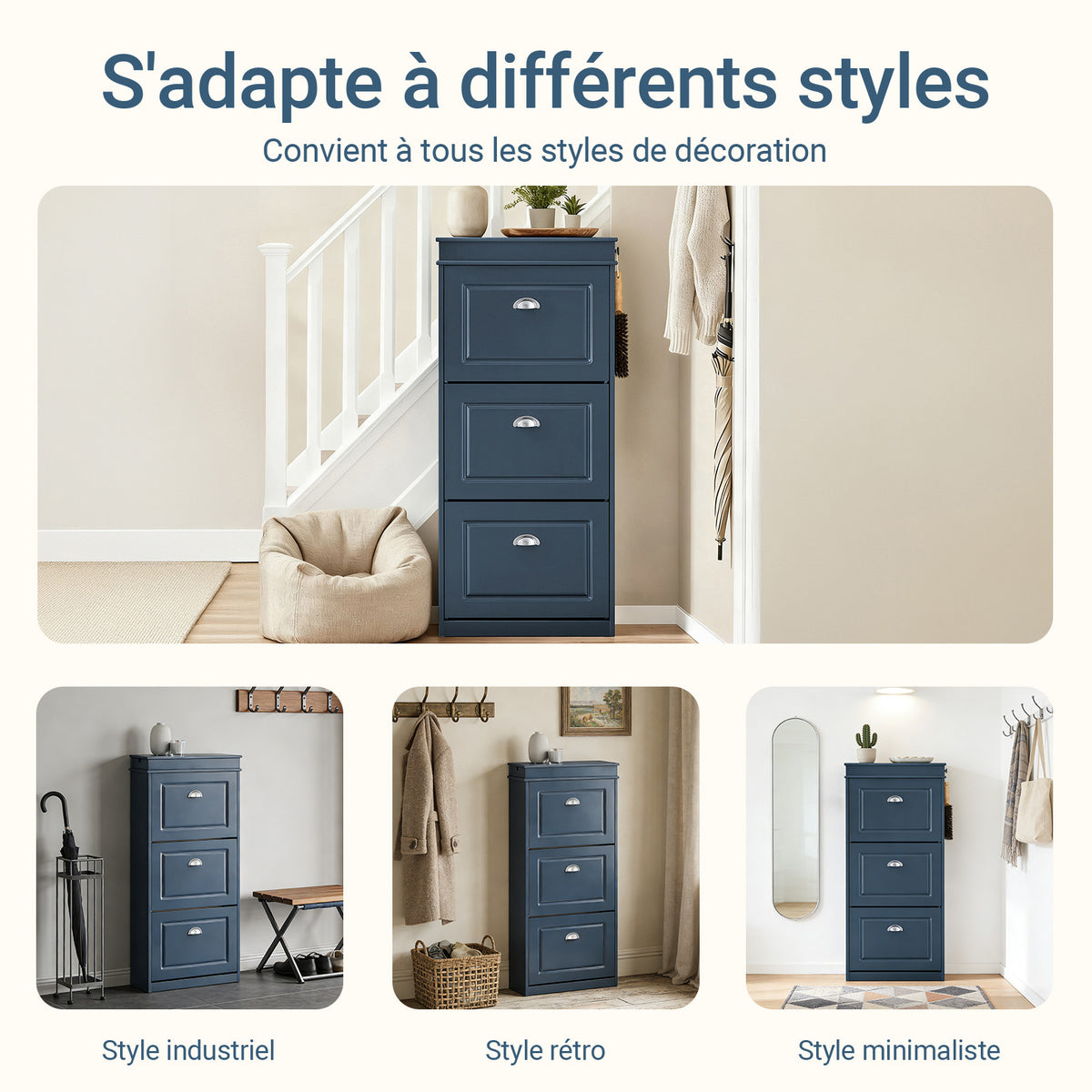 SoBuy FSR94-B Dulap de Pantofi cu 3 Uși Basculante, Sertar și Cârlig pentru Hol Intrare – 53x24x118 cm, Albastru