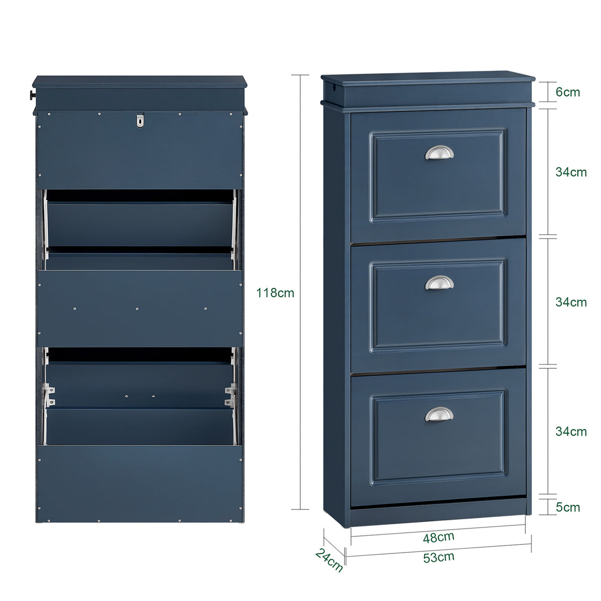 SoBuy FSR94-B Dulap de Pantofi cu 3 Uși Basculante, Sertar și Cârlig pentru Hol Intrare – 53x24x118 cm, Albastru