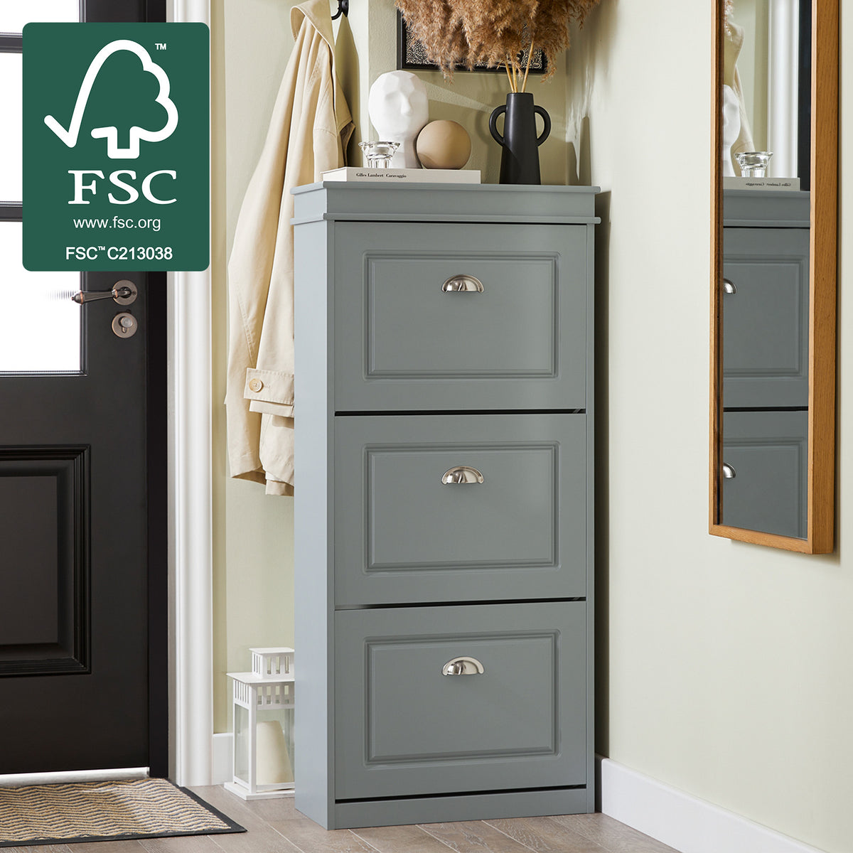 SoBuy FSR94-HG Dulap de încălțăminte cu 3 clapete, Depozitare 12 perechi, Certificat FSC®, Slim 24cm – 53x24x117 cm, Gri