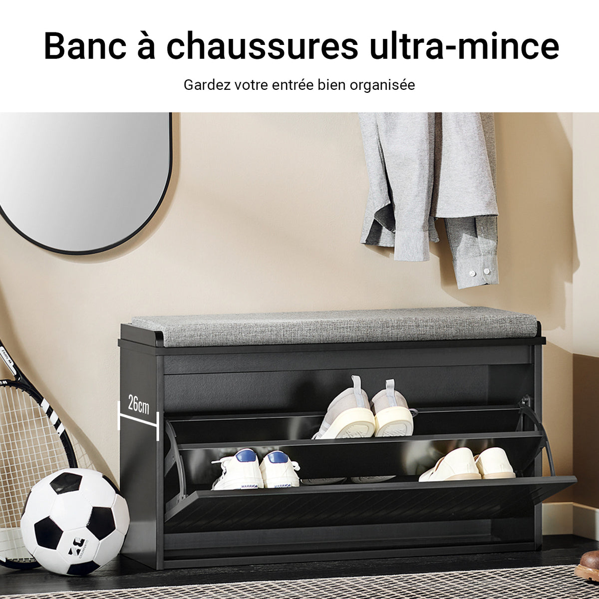 SoBuy FSR98-L-SCH Banc de Pantofi cu Pernă Căptușită și 1 Clapetă pentru Intrare Hol – 80x26x45 cm, Negru