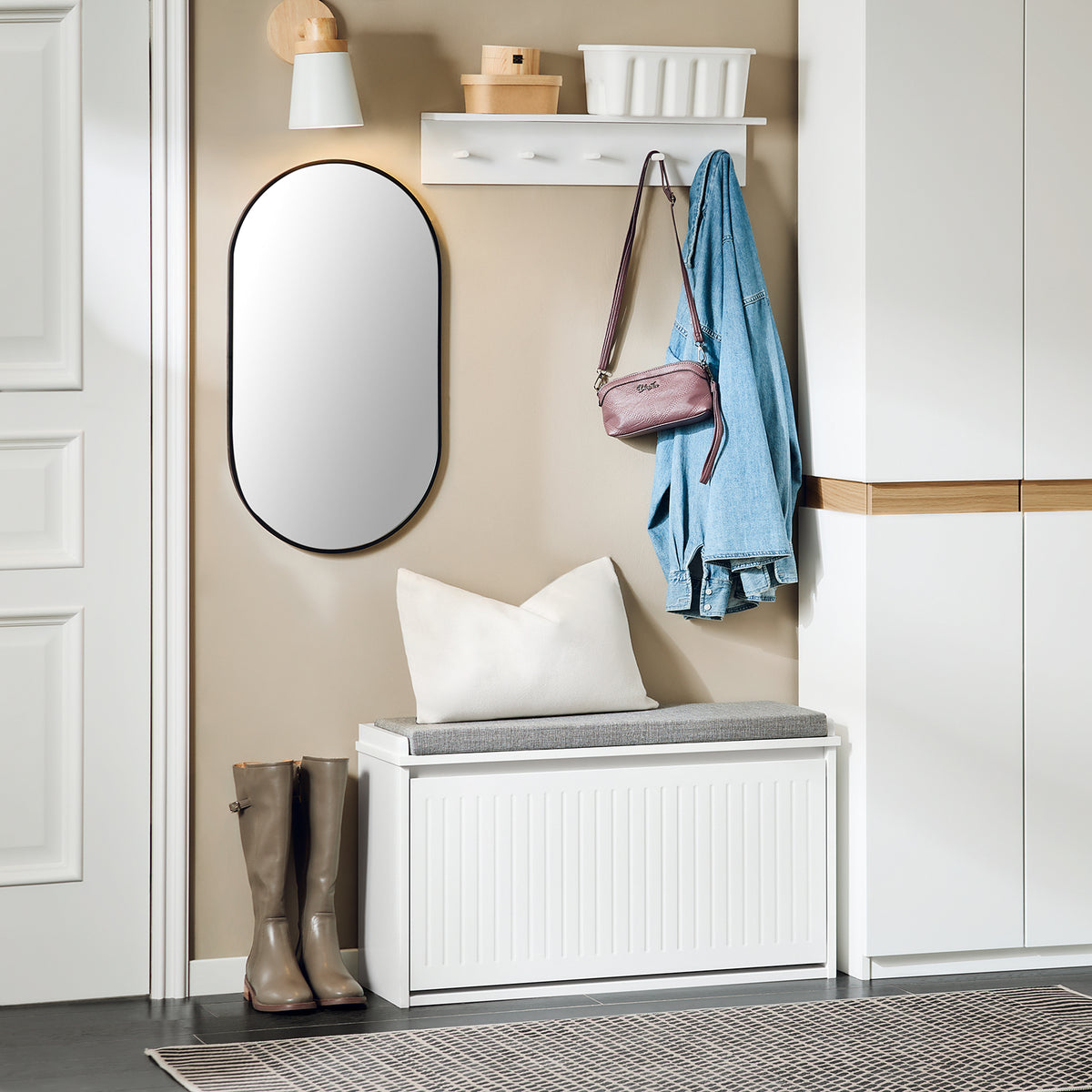 SoBuy FSR98-L-W Banc pentru Pantofi cu Pernă Căptușită și 1 Compartiment cu Clapetă pentru Intrare Hol – 80x26x45 cm, Alb