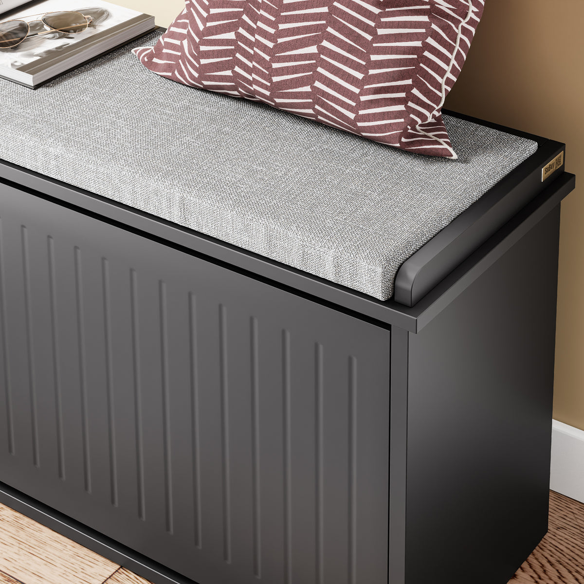 SoBuy FSR98-XL-SCH Banc pentru pantofi Intrare Dulap pantofi cu șezut tapițat și 2 uși rabatabile - Dulap de depozitare pantofi, L100 x A26 x H46 cm - Capacitate de încărcare 158 kg, Negru