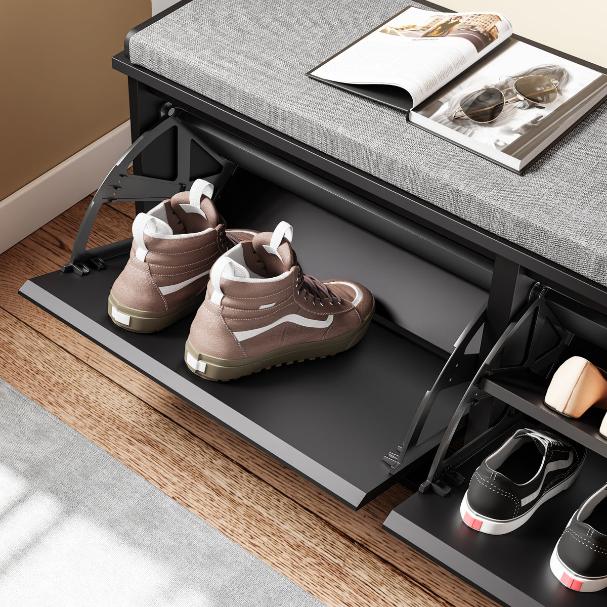 SoBuy FSR98-XL-SCH Banc pentru pantofi Intrare Dulap pantofi cu șezut tapițat și 2 uși rabatabile - Dulap de depozitare pantofi, L100 x A26 x H46 cm - Capacitate de încărcare 158 kg, Negru