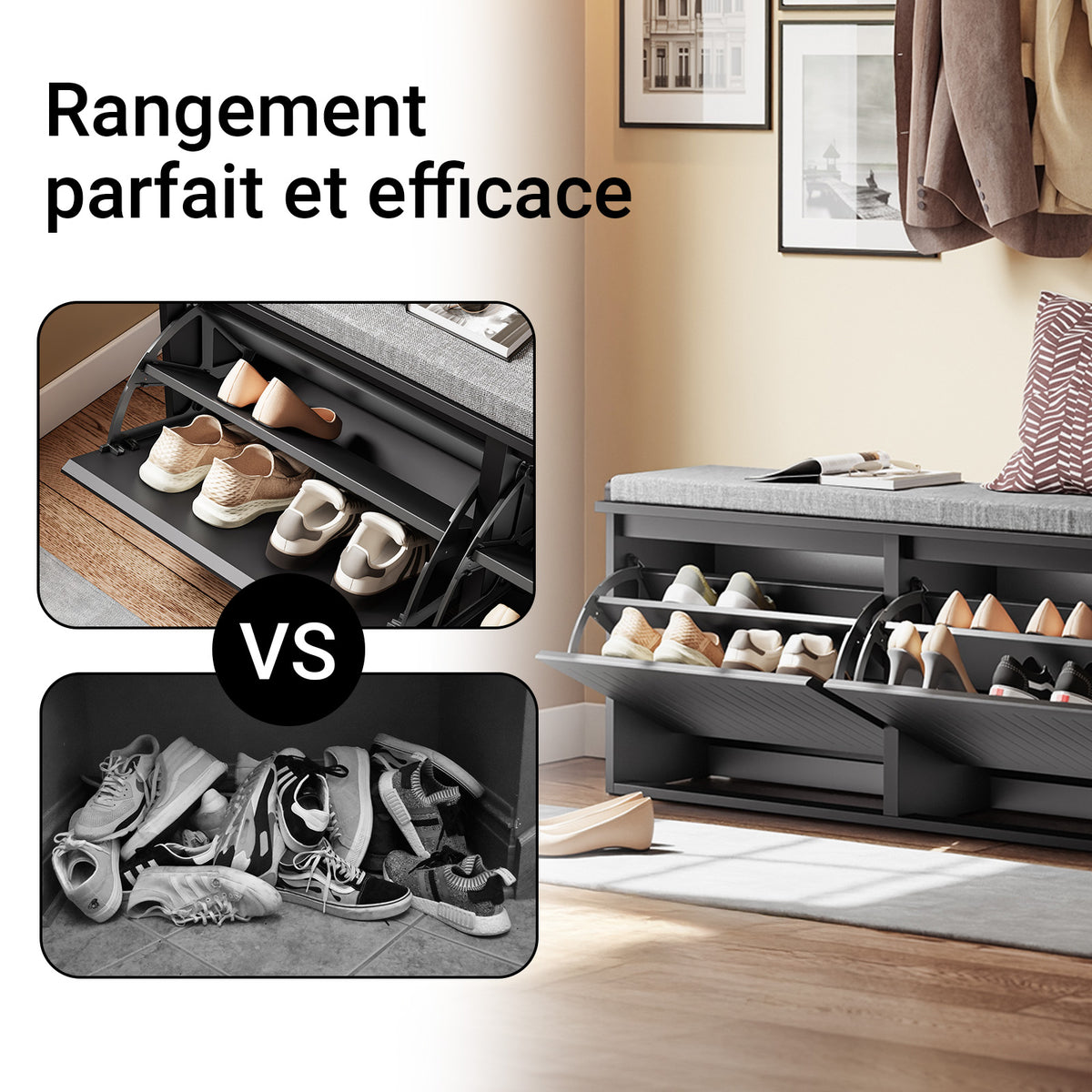 SoBuy FSR98-XL-SCH Banc pentru pantofi Intrare Dulap pantofi cu șezut tapițat și 2 uși rabatabile - Dulap de depozitare pantofi, L100 x A26 x H46 cm - Capacitate de încărcare 158 kg, Negru