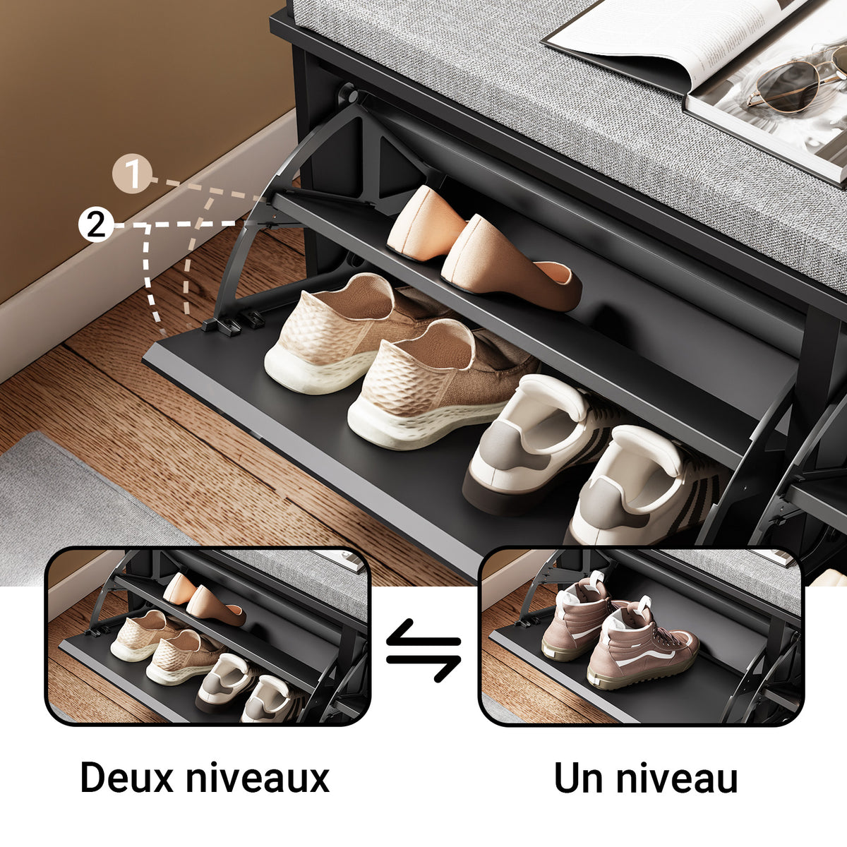SoBuy FSR98-XL-SCH Banc pentru pantofi Intrare Dulap pantofi cu șezut tapițat și 2 uși rabatabile - Dulap de depozitare pantofi, L100 x A26 x H46 cm - Capacitate de încărcare 158 kg, Negru