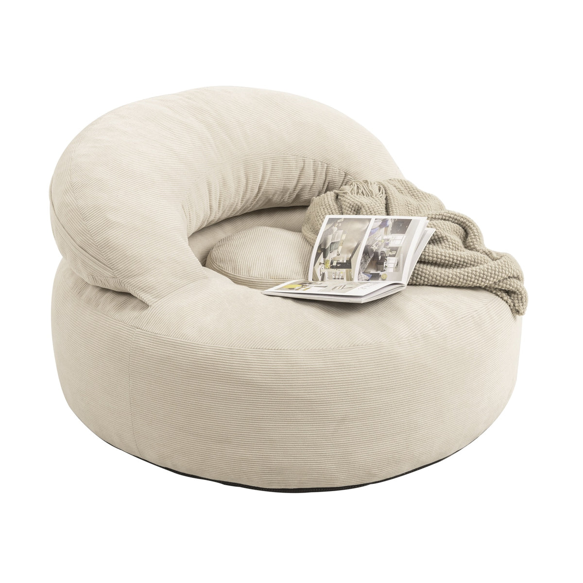 SoBuy FST100-MI Fauteuil Relax Scandinave avec Pouf et Dossier Inclinable – Velours Côtelé – 110×125×65 cm, Blanc Crème