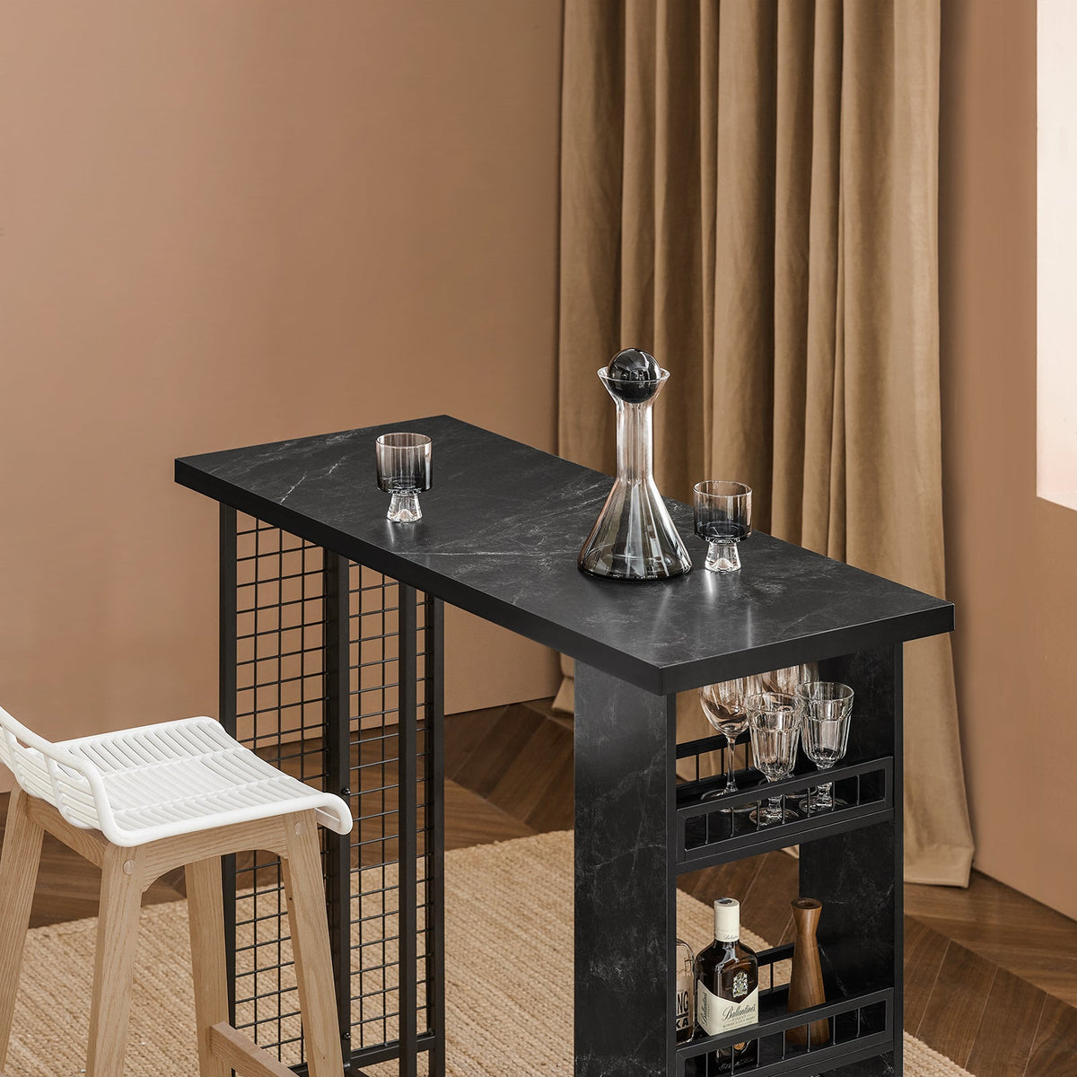 SoBuy FWT100-SCH Masă de bar design, masă de bistro cu 3 rafturi, masă înaltă de bucătărie cu efect de marmură