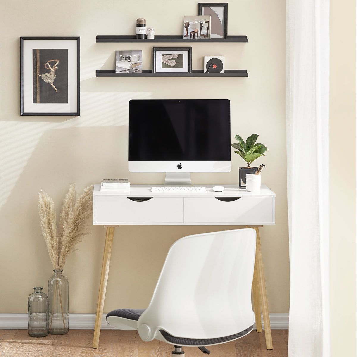 SoBuy FWT40-WN Masă Birou cu 2 Sertare Birou Mic cu Spațiu de Depozitare Birou Multifuncțional pentru Computer și Dormitor Alb Natural 90x45x77cm