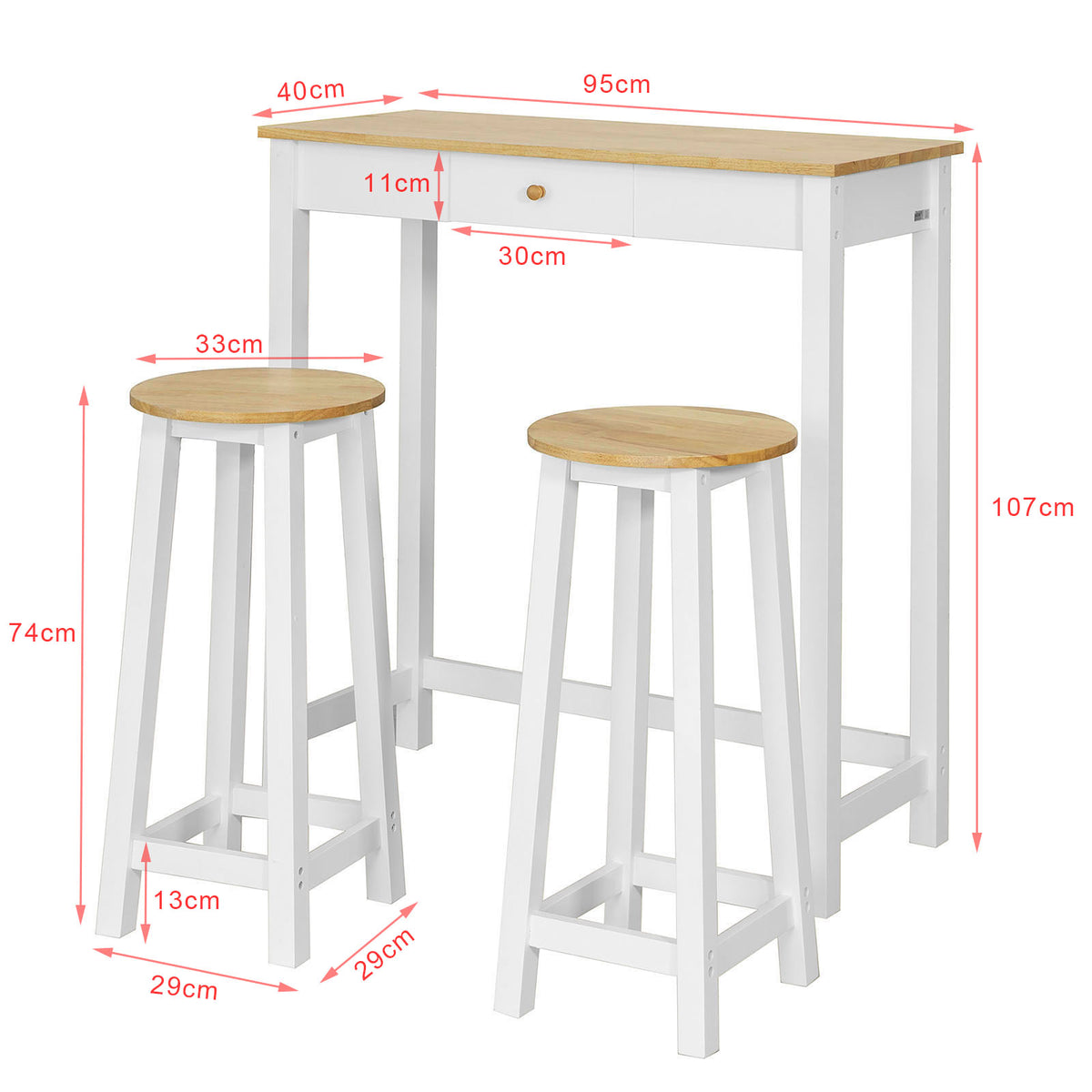 SoBuy FWT50-WN Set 1 Masă + 2 Scaune Set Masă de Bar Bistro + 2 scaune cu Suport pentru Picioare Masă înaltă de Bucătărie – Alb Natural