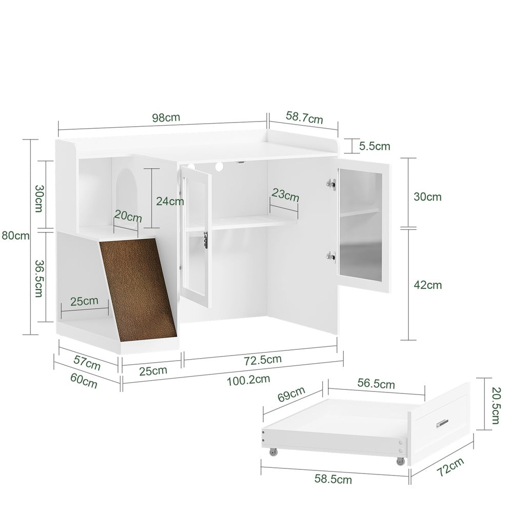 SoBuy HAT02-L-E-W Meuble Litière pour Chat Blanc avec Tiroir – Cache-Litière avec Griffoir Sisal Intégré, 2 Portes et Étagères – 98×60×80 cm, Charge 101 kg