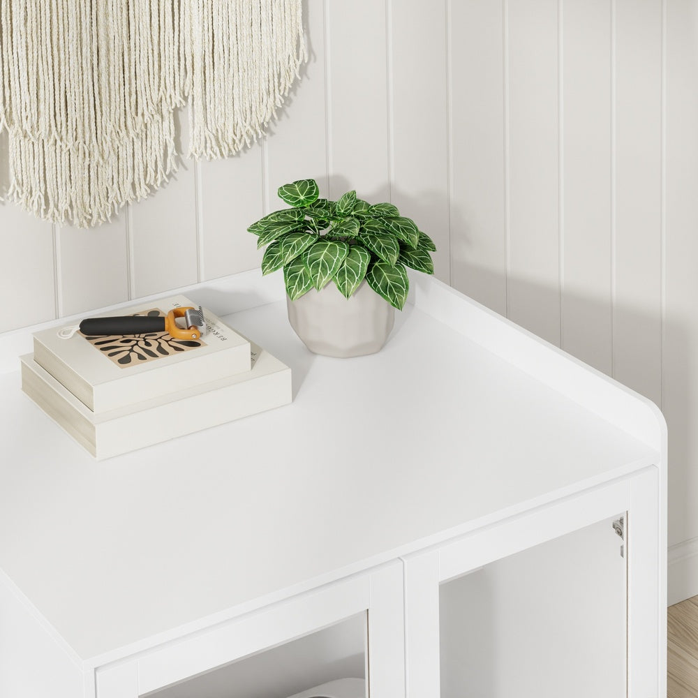SoBuy HAT02-L-E-W Meuble Litière pour Chat Blanc avec Tiroir – Cache-Litière avec Griffoir Sisal Intégré, 2 Portes et Étagères – 98×60×80 cm, Charge 101 kg