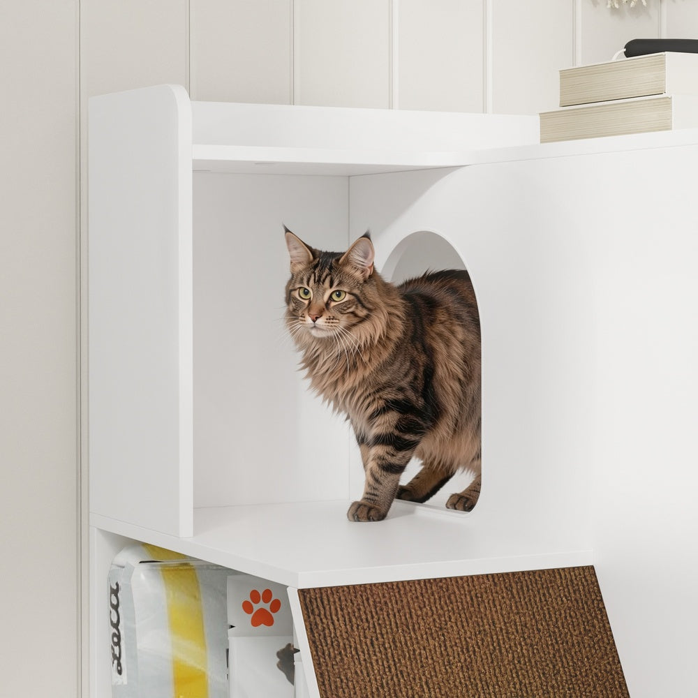 SoBuy HAT02-L-E-W Meuble Litière pour Chat Blanc avec Tiroir – Cache-Litière avec Griffoir Sisal Intégré, 2 Portes et Étagères – 98×60×80 cm, Charge 101 kg
