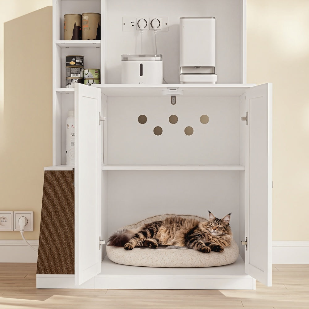 SoBuy HAT10-E-W Meuble Cache-Litière pour Chat 2 Portes avec Prises et Étagères – Armoire de Rangement Blanc Moderne pour Chambre, Cuisine et Bureau – 80×60×116,5 cm, Charge 96 kg