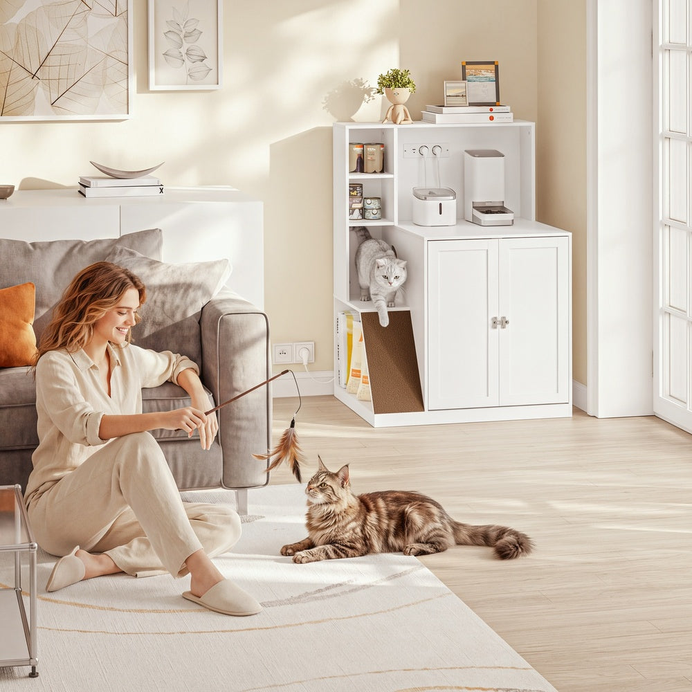 SoBuy HAT10-E-W Meuble Cache-Litière pour Chat 2 Portes avec Prises et Étagères – Armoire de Rangement Blanc Moderne pour Chambre, Cuisine et Bureau – 80×60×116,5 cm, Charge 96 kg