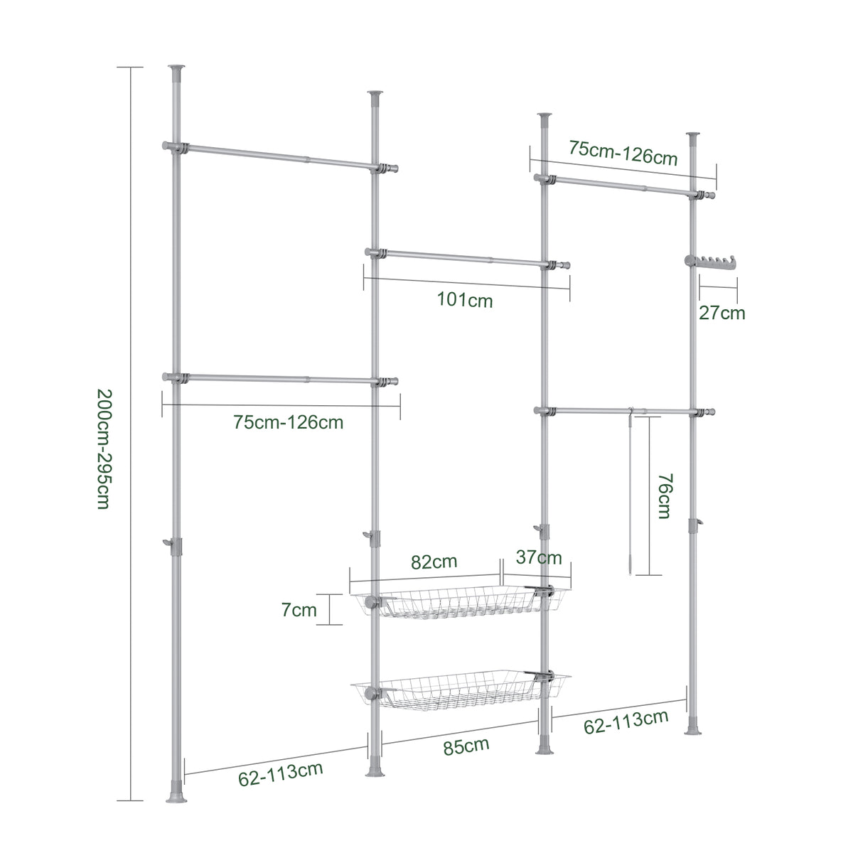 SoBuy KLS04-II-HG Suport telescopic robust pentru haine - Dulap deschis reglabil cu bare și rafturi, Cuier pentru dormitor/dressing, Gri