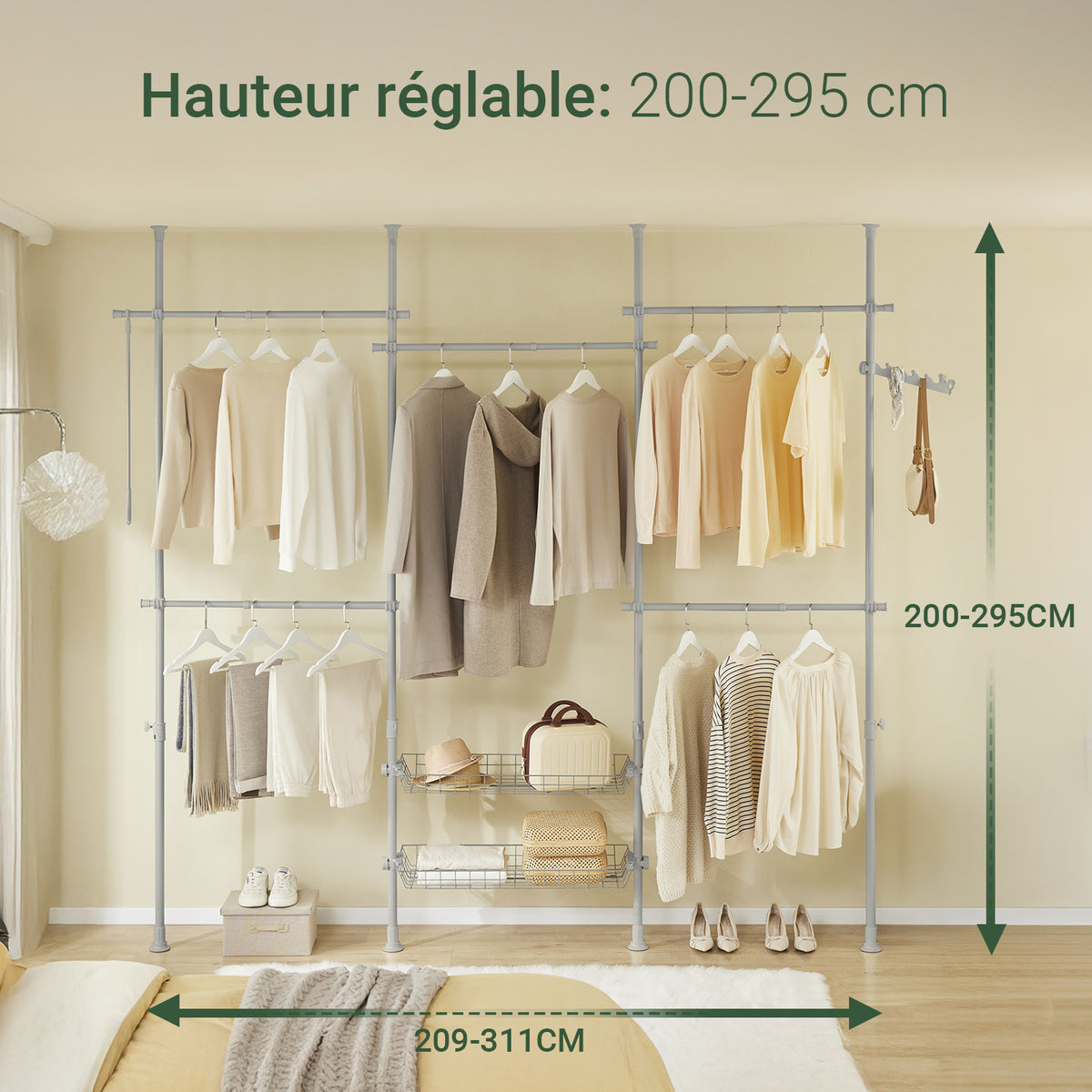 SoBuy KLS04-II-HG Suport telescopic robust pentru haine - Dulap deschis reglabil cu bare și rafturi, Cuier pentru dormitor/dressing, Gri