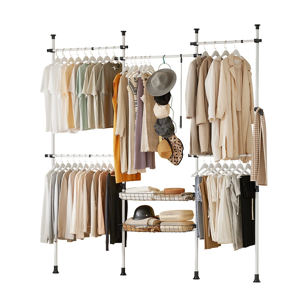 SoBuy KLS04 Portant à vêtements télescopique solide - Penderie ouverte réglable avec tringles et étagères, Porte manteau pour