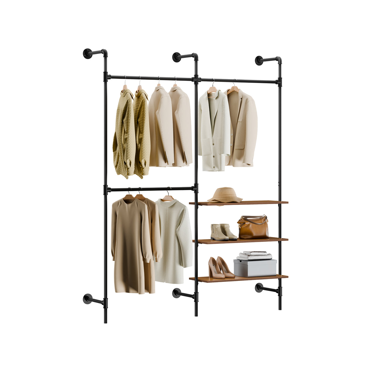 SoBuy KLS18-SCH Portant à Vêtements Mural Industriel – 3 Tringles, 3 Étagères, 220 cm, Noir