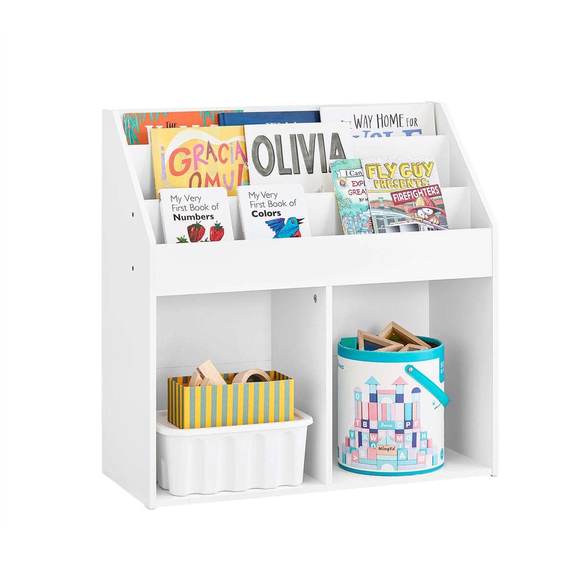 SoBuy KMB01-II-W Bibliothèque Enfant avec 3 Étagères, 2 Compartiments Ouverts, Coins Arrondis et Anti-Basculement – 68x30x68